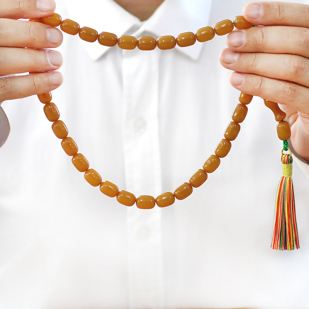 Çubuk Sıkma Kehribar Tesbih - Osmanlı Saray Püsküllü - Hardal Rengi - Kapsül Kesim - 4