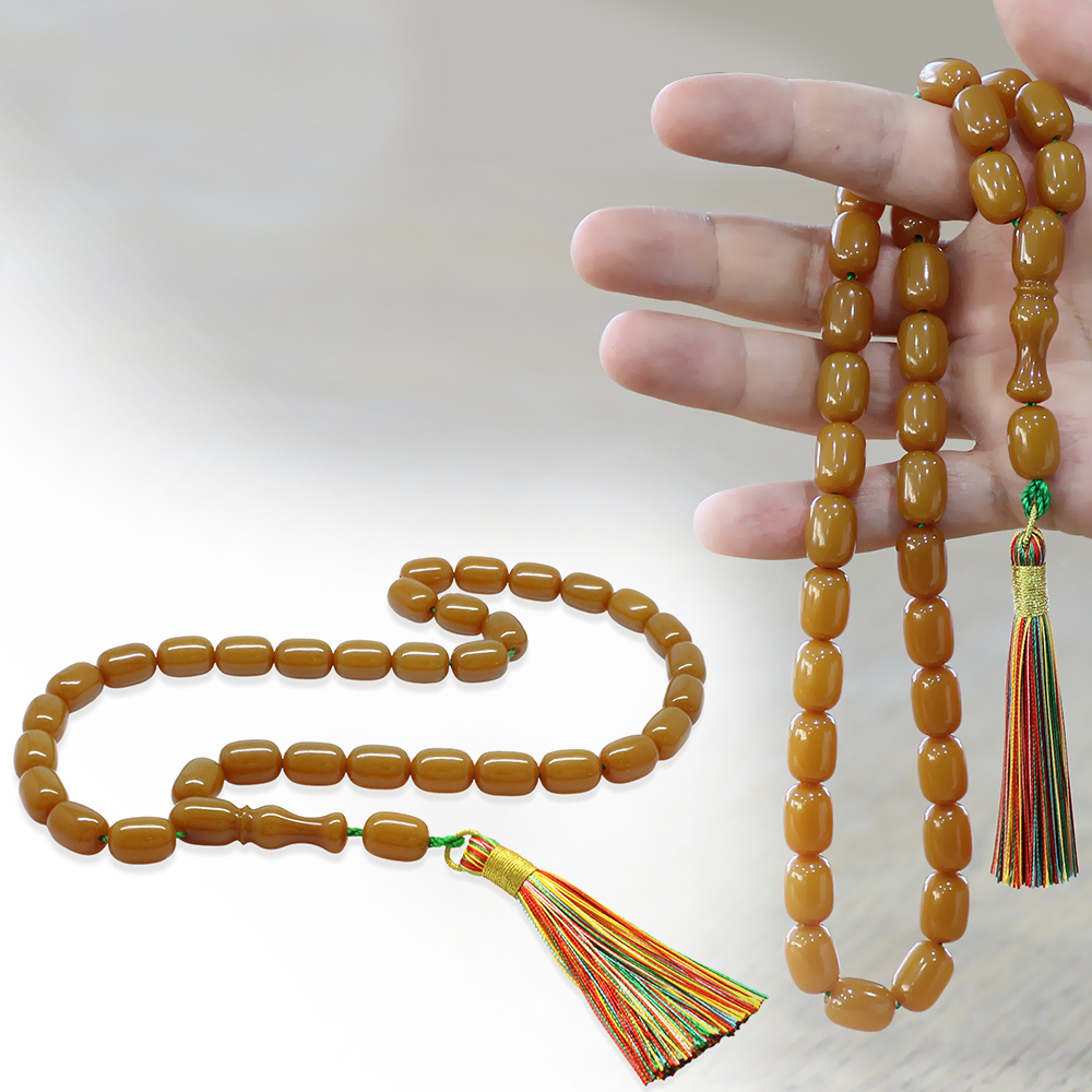 Çubuk Sıkma Kehribar Tesbih - Osmanlı Saray Püsküllü - Hardal Rengi - Kapsül Kesim - 1