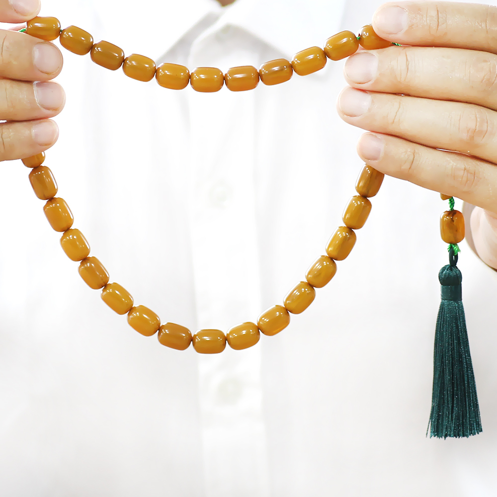 Çubuk Sıkma Kehribar Tesbih - Osmanlı Saray Püsküllü - Hareli Hardal Rengi - Kapsül Kesim - 4