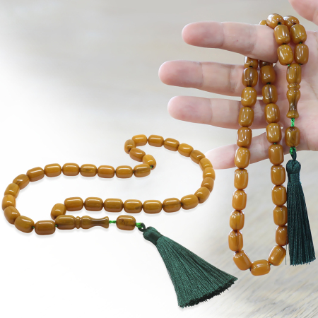 Çubuk Sıkma Kehribar Tesbih - Osmanlı Saray Püsküllü - Hareli Hardal Rengi - Kapsül Kesim - Tesbihane