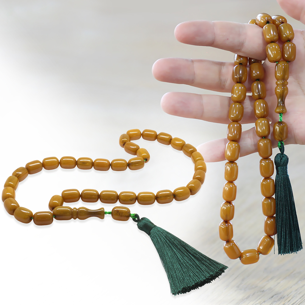 Çubuk Sıkma Kehribar Tesbih - Osmanlı Saray Püsküllü - Hareli Hardal Rengi - Kapsül Kesim - 1