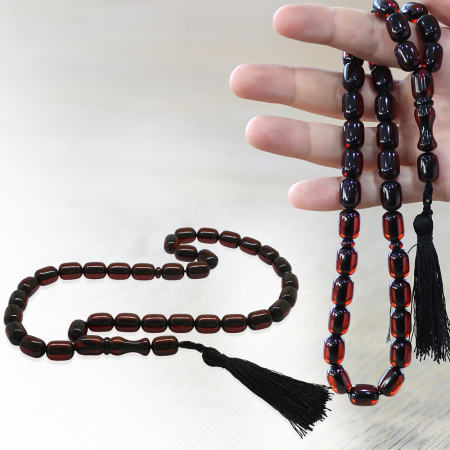 Çubuk Sıkma Kehribar Tesbih - Osmanlı Saray Püsküllü - Kırmızı Renk - Kapsül Kesim - Tesbihane