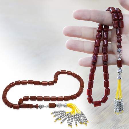 Çubuk Sıkma Kehribar Tesbih - Osmanlı Saray Püsküllü - Koyu Kırmızı Renk - Kapsül Kesim - Tesbihane