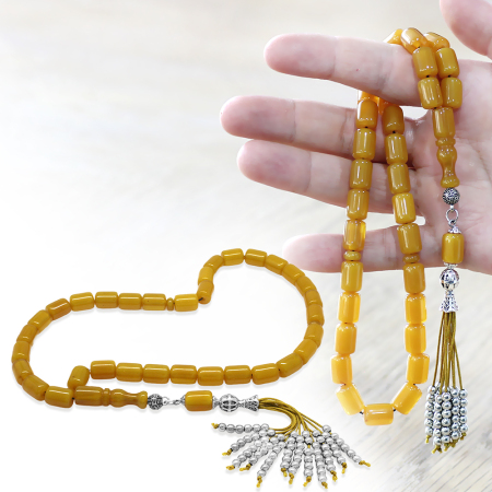 Çubuk Sıkma Kehribar Tesbih - Osmanlı Saray Püsküllü - Sarı Renk - Kapsül Kesim - Tesbihane