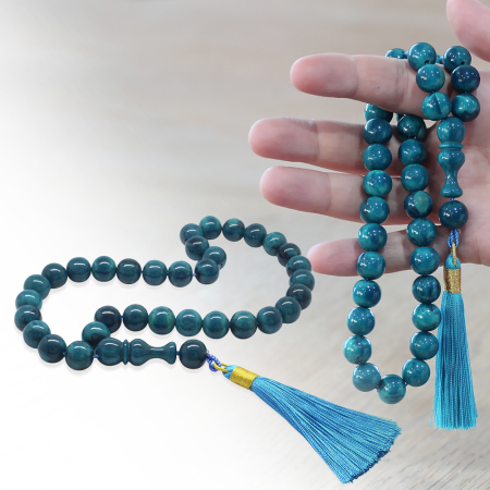 Çubuk Sıkma Kehribar Tesbih - Osmanlı Saray Püsküllü - Turkuaz Renk - Küre Kesim - Tesbihane