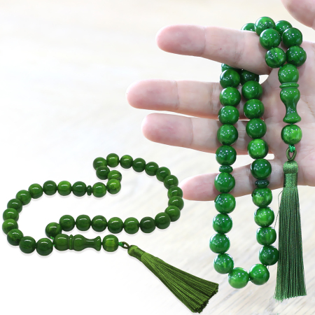 Çubuk Sıkma Kehribar Tesbih - Osmanlı Saray Püsküllü - Yeşil Renk - Küre Kesim - Tesbihane