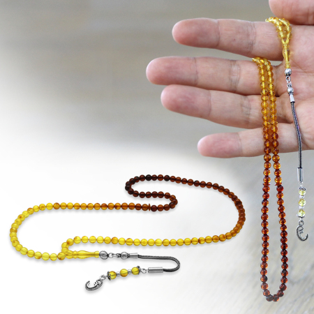 Damla Kehribar Namaz Tesbihi - 925 Ayar Gümüş Püsküllü - Küre Kesim - Süzme Sarı Kırmızı Renk - Tesbihane