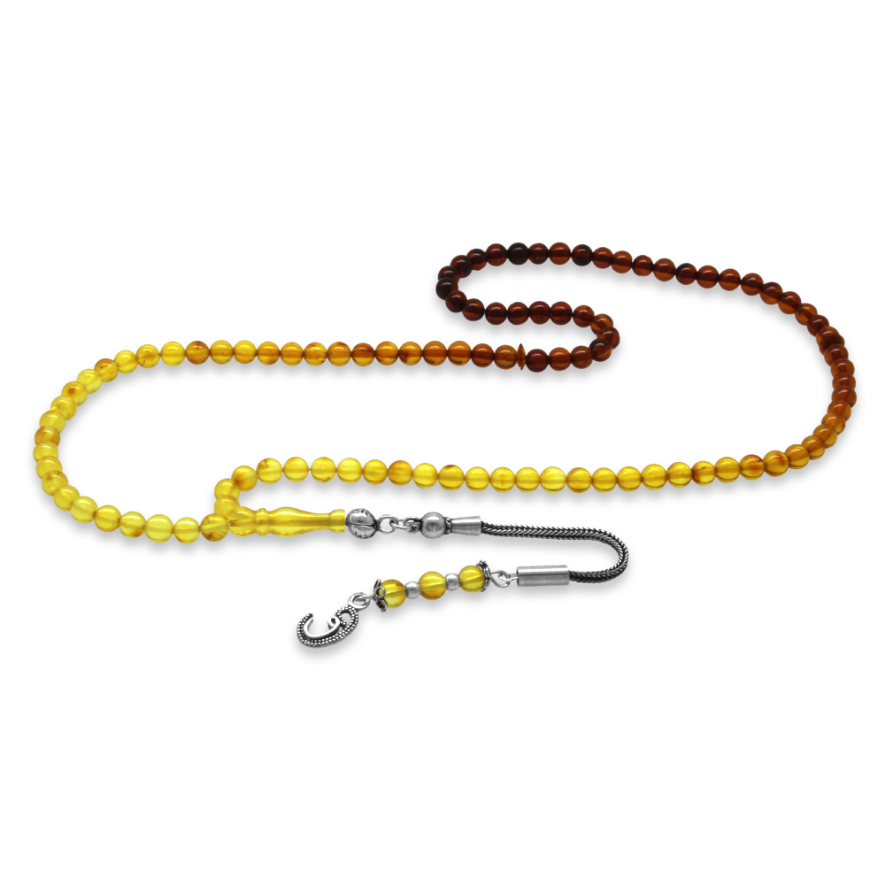 Damla Kehribar Namaz Tesbihi - 925 Ayar Gümüş Püsküllü - Küre Kesim - Süzme Sarı Kırmızı Renk - 1