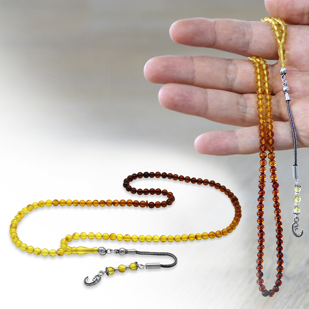 Damla Kehribar Namaz Tesbihi - 925 Ayar Gümüş Püsküllü - Küre Kesim - Süzme Sarı Kırmızı Renk - 1