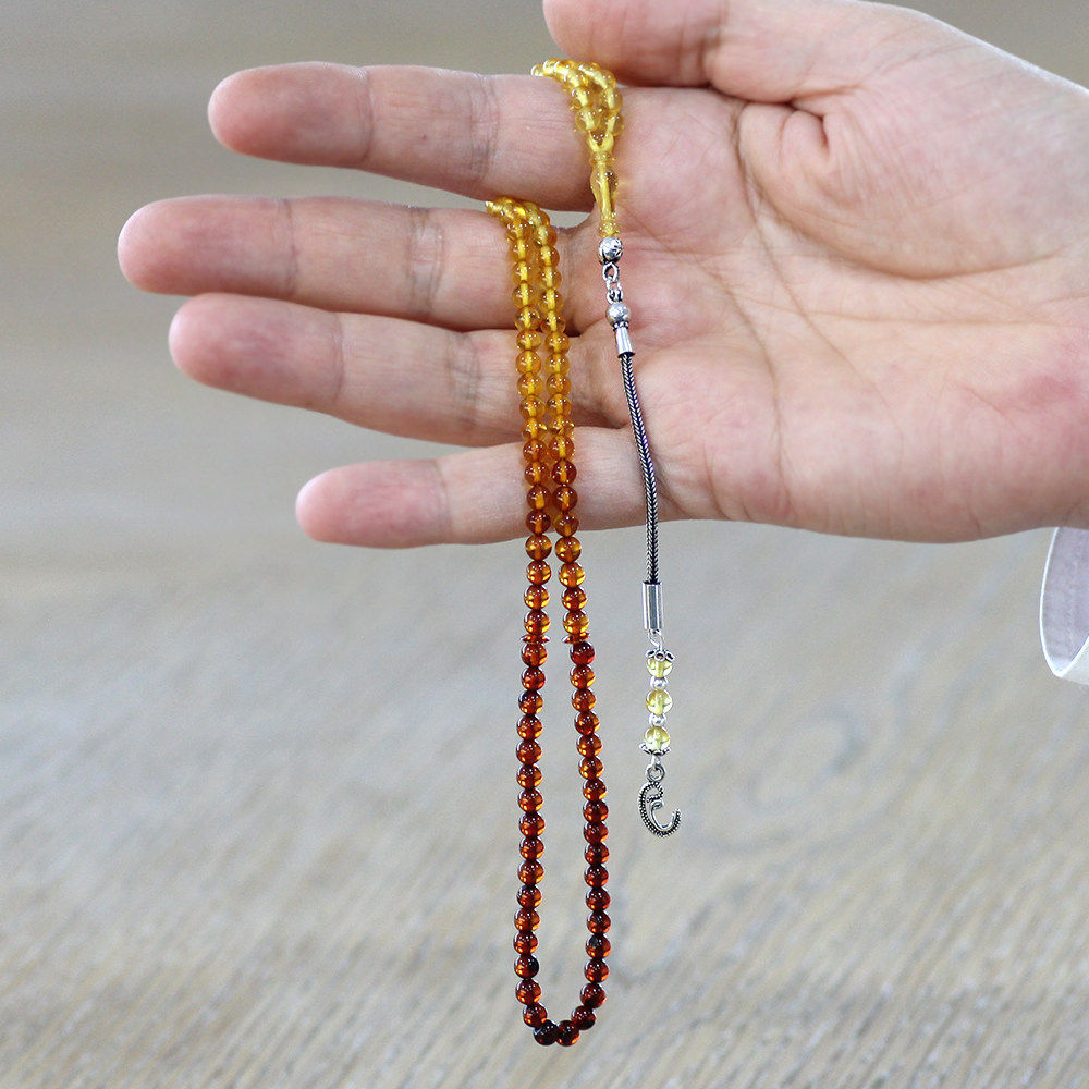 Damla Kehribar Namaz Tesbihi - 925 Ayar Gümüş Püsküllü - Küre Kesim - Süzme Sarı Kırmızı Renk - 2