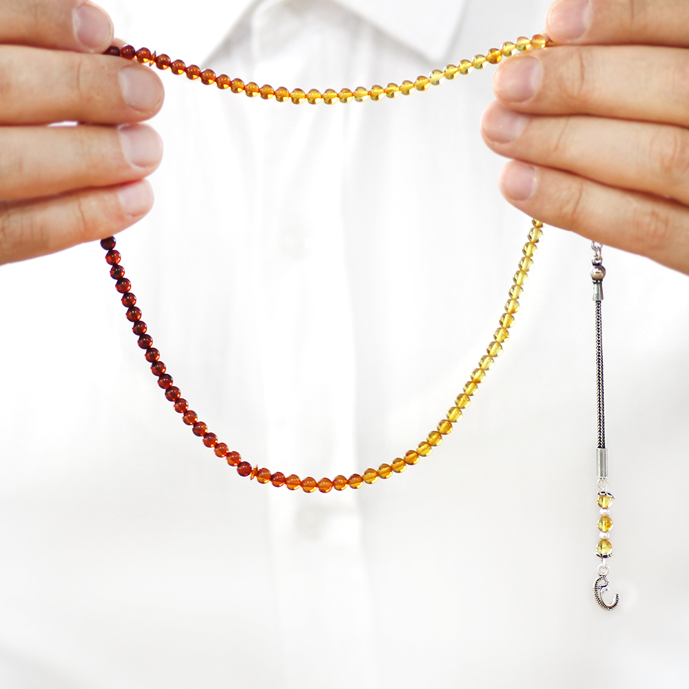 Damla Kehribar Namaz Tesbihi - 925 Ayar Gümüş Püsküllü - Küre Kesim - Süzme Sarı Kırmızı Renk - 3