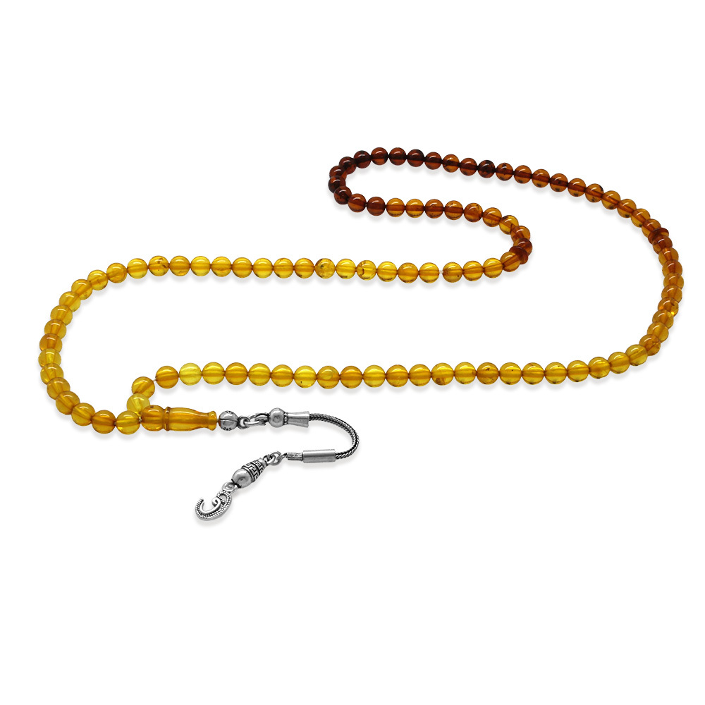 Damla Kehribar Namaz Tesbihi - 925 Ayar Gümüş Püsküllü - Süzme Sarı Kırmızı Renk - Küre Kesim - 4