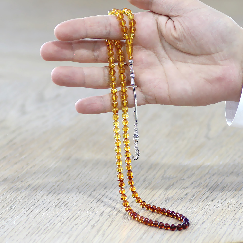 Damla Kehribar Namaz Tesbihi - 925 Ayar Gümüş Püsküllü - Süzme Sarı Kırmızı Renk - Küre Kesim - 2