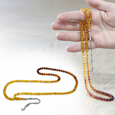 Damla Kehribar Namaz Tesbihi - 925 Ayar Gümüş Püsküllü - Süzme Sarı Kırmızı Renk - Küre Kesim - Tesbihane