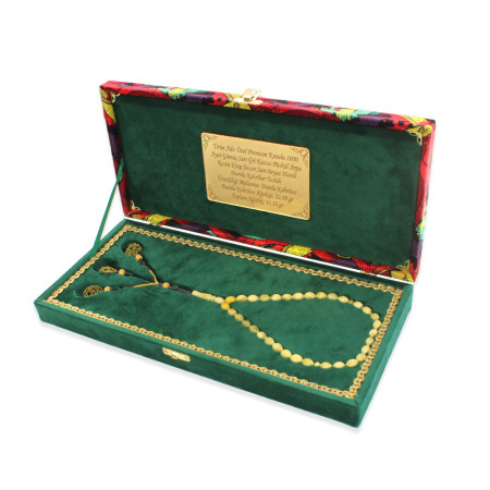 Damla Kehribar Tesbih - 1000 Ayar Gümüş Kazaz Püsküllü - King Seccer - Arpa Kesim - Premium Kutulu - Tesbihane