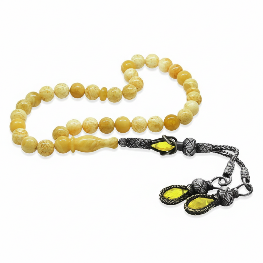 Damla Kehribar Tesbih - 1000 Ayar Gümüş Kazaz Püsküllü - King Seccer - Küre Kesim - Premium Kutulu - 3