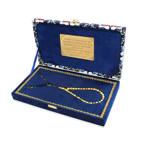 Damla Kehribar Tesbih - 1000 Ayar Gümüş Kazaz Püsküllü - King Seccer - Premium Kutulu - Küre Kesim - Tesbihane