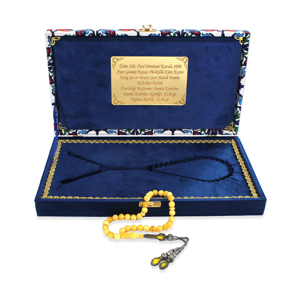 Damla Kehribar Tesbih - 1000 Ayar Gümüş Kazaz Püsküllü - King Seccer - Premium Kutulu - Küre Kesim - 3