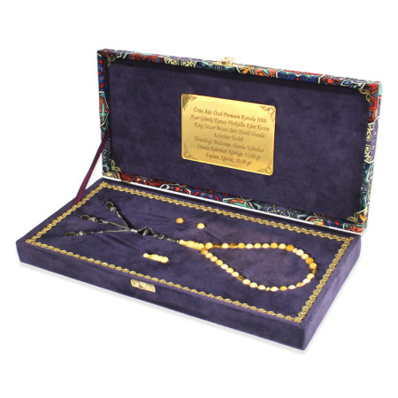 Damla Kehribar Tesbih - 925 Ayar Gümüş Bozkurt Püsküllü - Küre Kesim - King Seccer - Premium Kutulu - Tesbihane