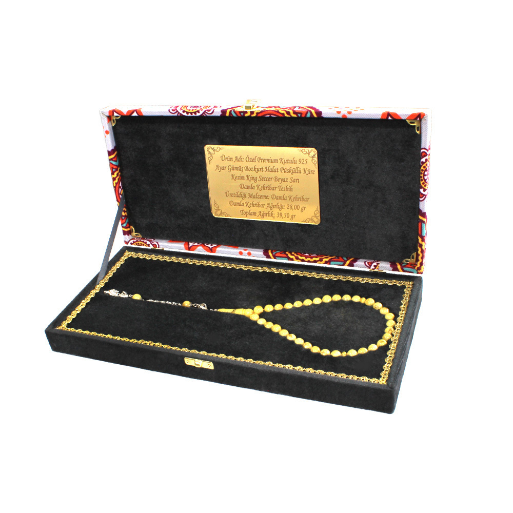 Damla Kehribar Tesbih - 925 Ayar Gümüş Halat Püsküllü - Küre Kesim - King Seccer - Premium Kutulu - 1