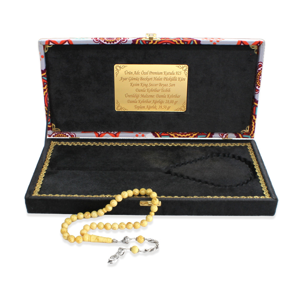 Damla Kehribar Tesbih - 925 Ayar Gümüş Halat Püsküllü - Küre Kesim - King Seccer - Premium Kutulu - 4