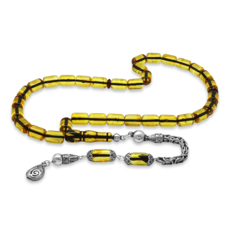 Damla Kehribar Tesbih - 925 Ayar Gümüş Kral Püsküllü - Kapsül Kesim - Ihlamur Sarı Renk - Tesbihane