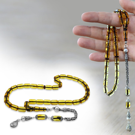 Damla Kehribar Tesbih - 925 Ayar Gümüş Kral Püsküllü - Kapsül Kesim - Ihlamur Sarı Renk - Tesbihane