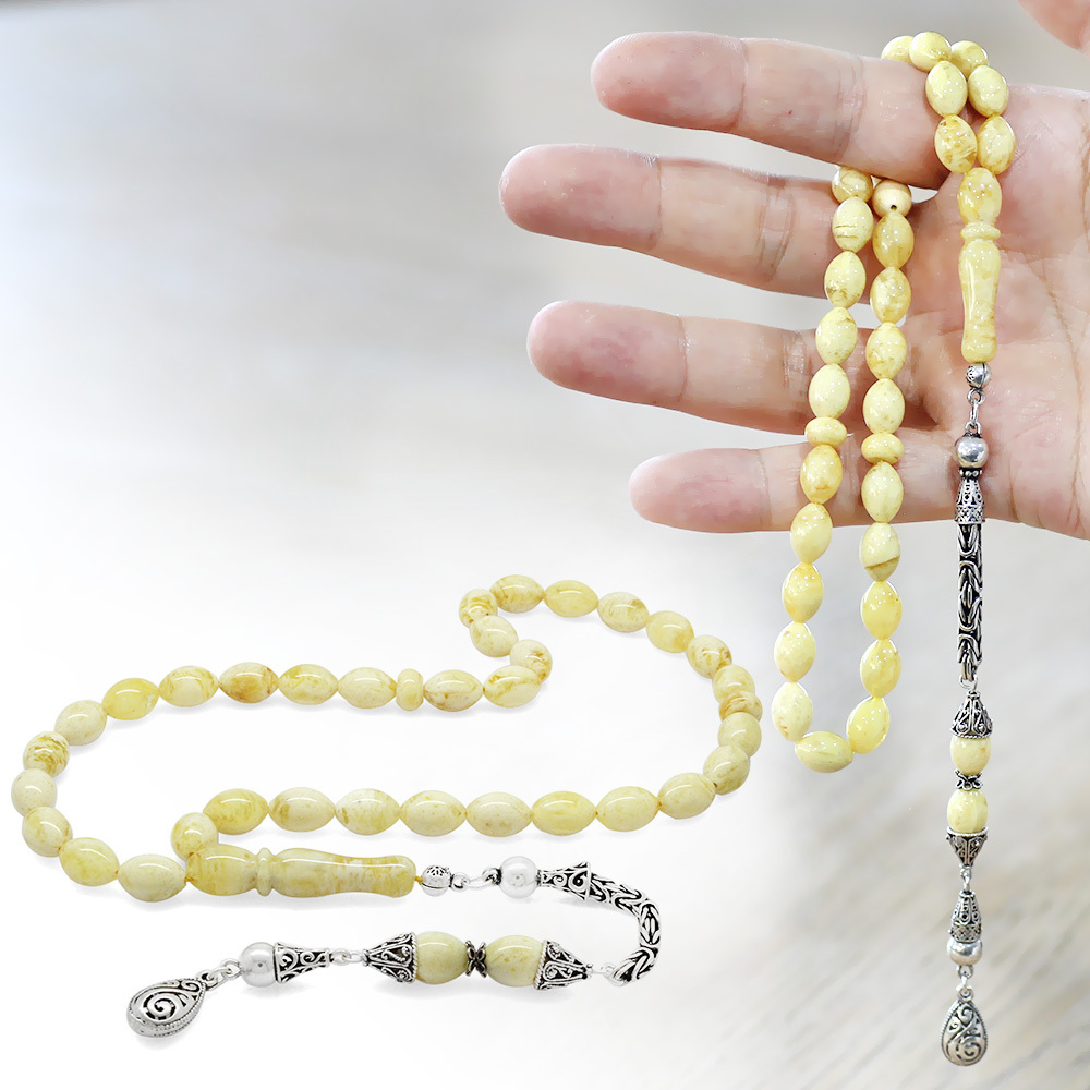 Damla Kehribar Tesbih - 925 Ayar Gümüş Kral Püsküllü - King Seccer - Arpa Kesim - Premium Kutulu - 2