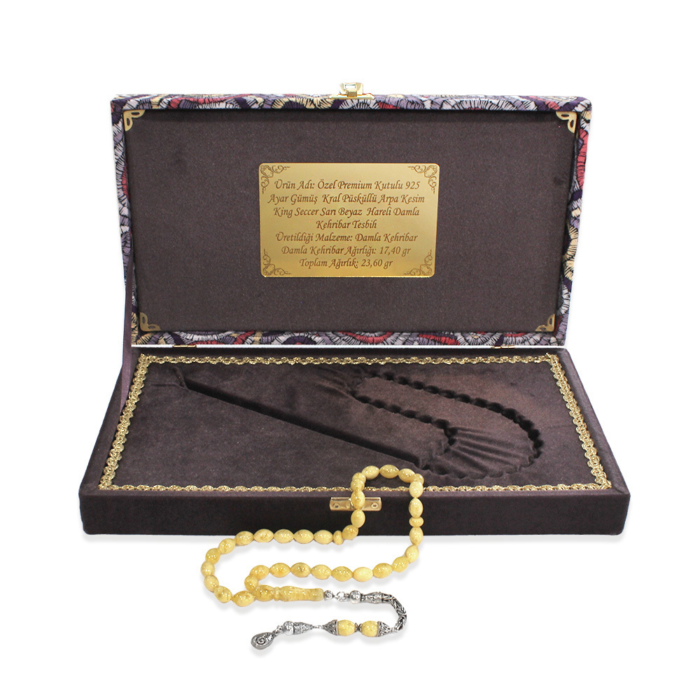 Damla Kehribar Tesbih - 925 Ayar Gümüş Kral Püsküllü - King Seccer - Arpa Kesim - Premium Kutulu - 3