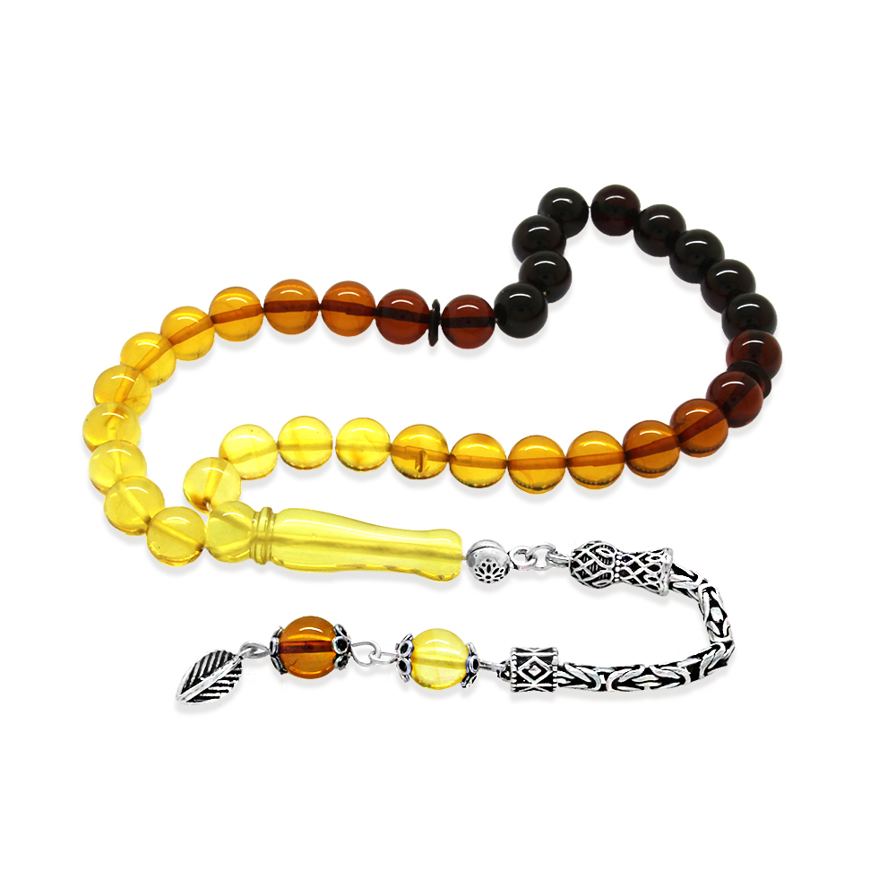 Damla Kehribar Tesbih - 925 Ayar Gümüş Kral - Süzme Sarı Kırmızı Renk - Bilek Boy - Küre Kesim - 2