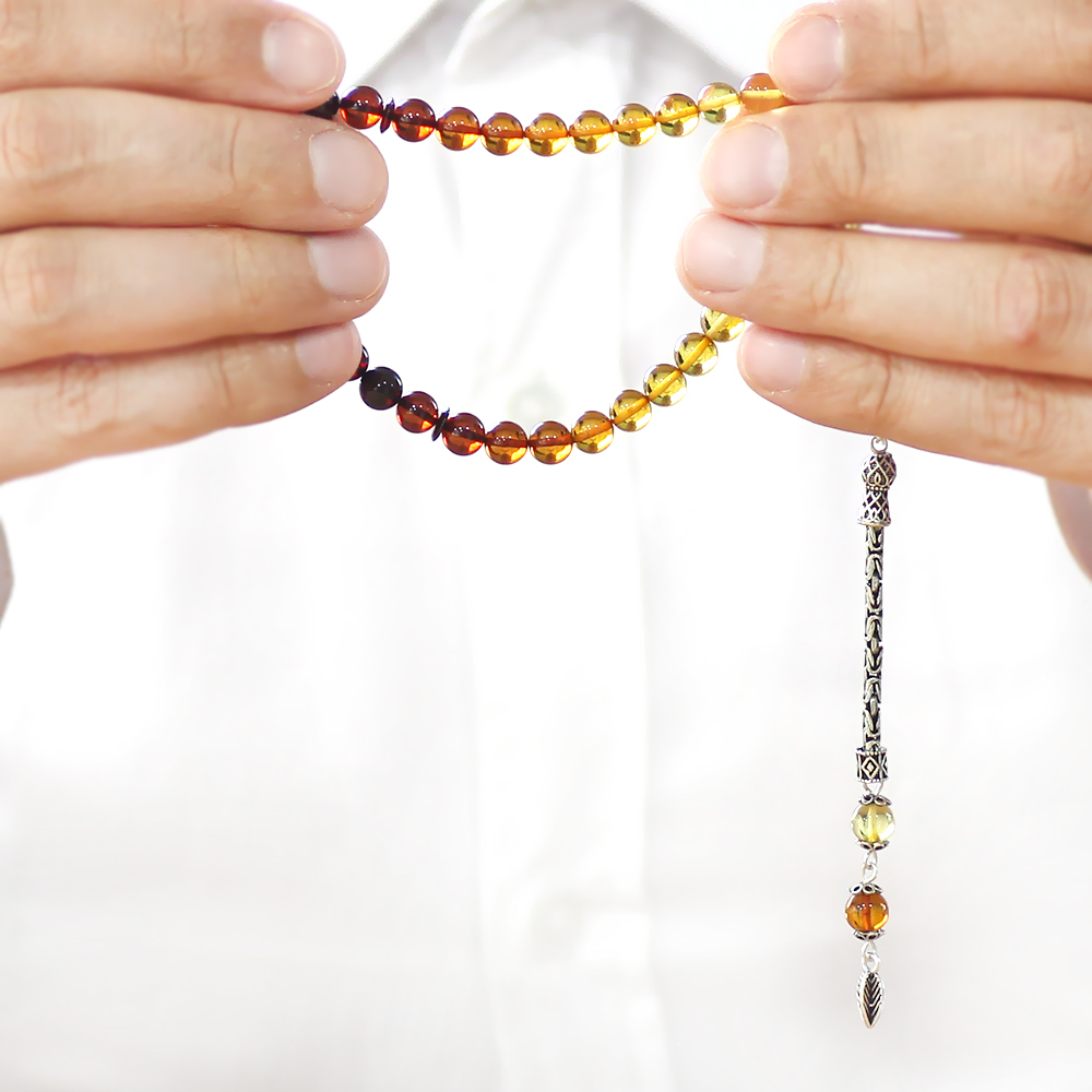 Damla Kehribar Tesbih - 925 Ayar Gümüş Kral - Süzme Sarı Kırmızı Renk - Bilek Boy - Küre Kesim - 4