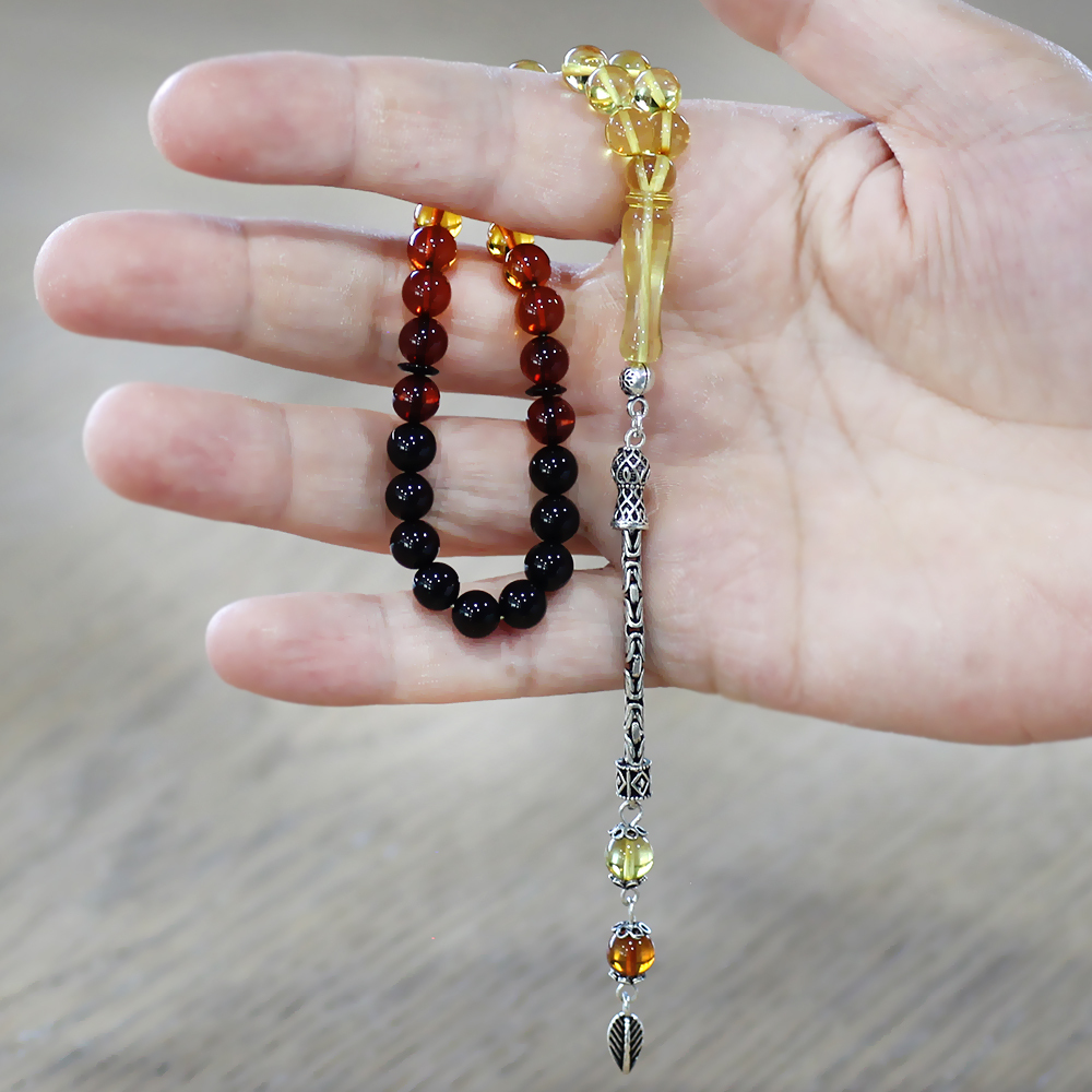 Damla Kehribar Tesbih - 925 Ayar Gümüş Kral - Süzme Sarı Kırmızı Renk - Bilek Boy - Küre Kesim - 3