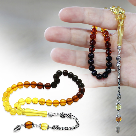 Damla Kehribar Tesbih - 925 Ayar Gümüş Kral - Süzme Sarı Kırmızı Renk - Bilek Boy - Küre Kesim - Tesbihane