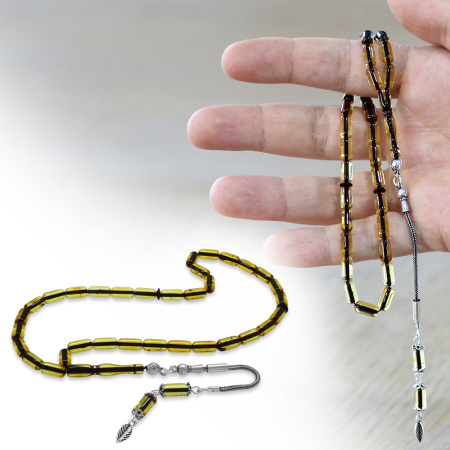 Damla Kehribar Tesbih - 925 Ayar Gümüş Püsküllü - Kapsül Kesim - Ihlamur Sarı Renk - Tesbihane