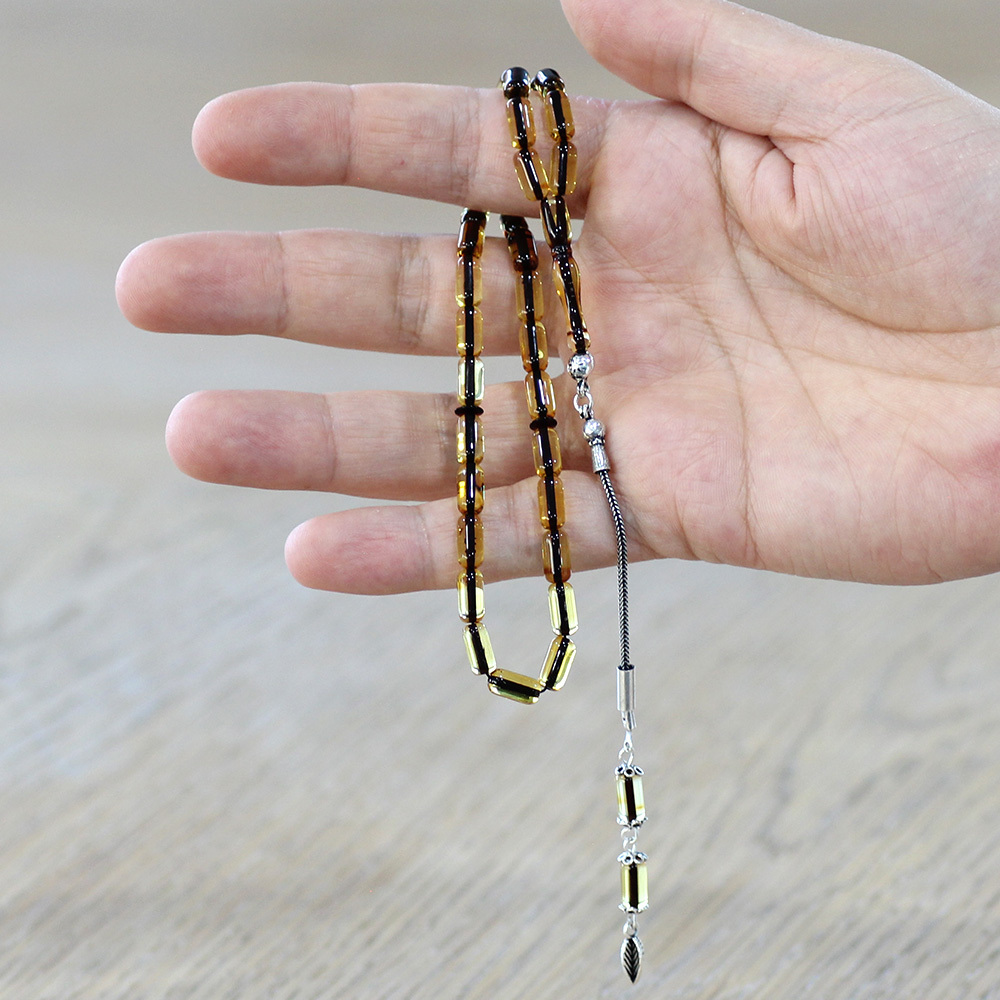 Damla Kehribar Tesbih - 925 Ayar Gümüş Püsküllü - Kapsül Kesim - Ihlamur Sarı Renk - 2