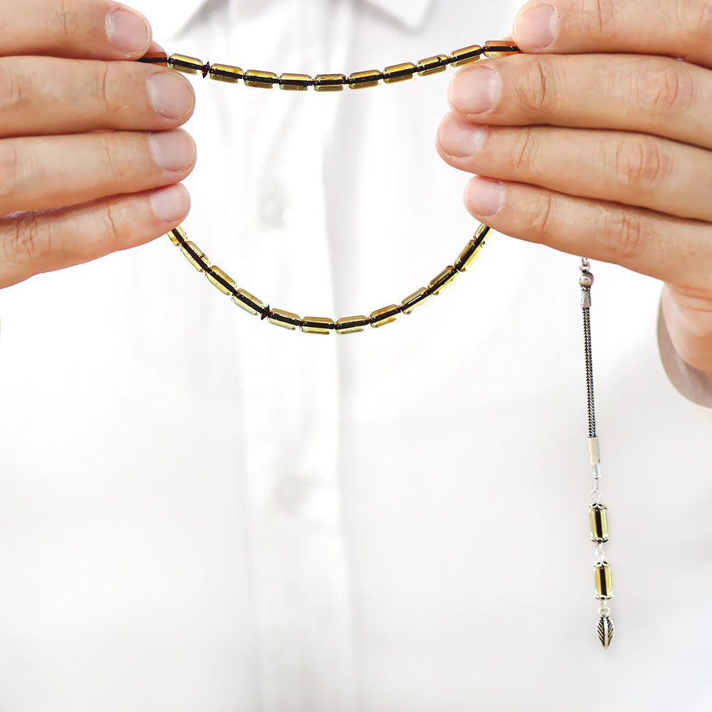 Damla Kehribar Tesbih - 925 Ayar Gümüş Püsküllü - Kapsül Kesim - Ihlamur Sarı Renk - 3