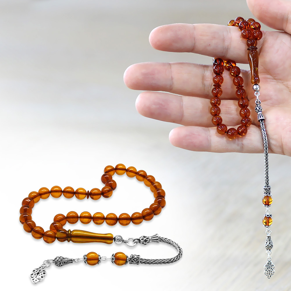 Damla Kehribar Tesbih - 925 Ayar Gümüş Püsküllü - Küre Kesim - Bal Rengi - 1