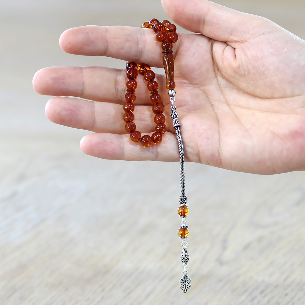 Damla Kehribar Tesbih - 925 Ayar Gümüş Püsküllü - Küre Kesim - Bal Rengi - 2