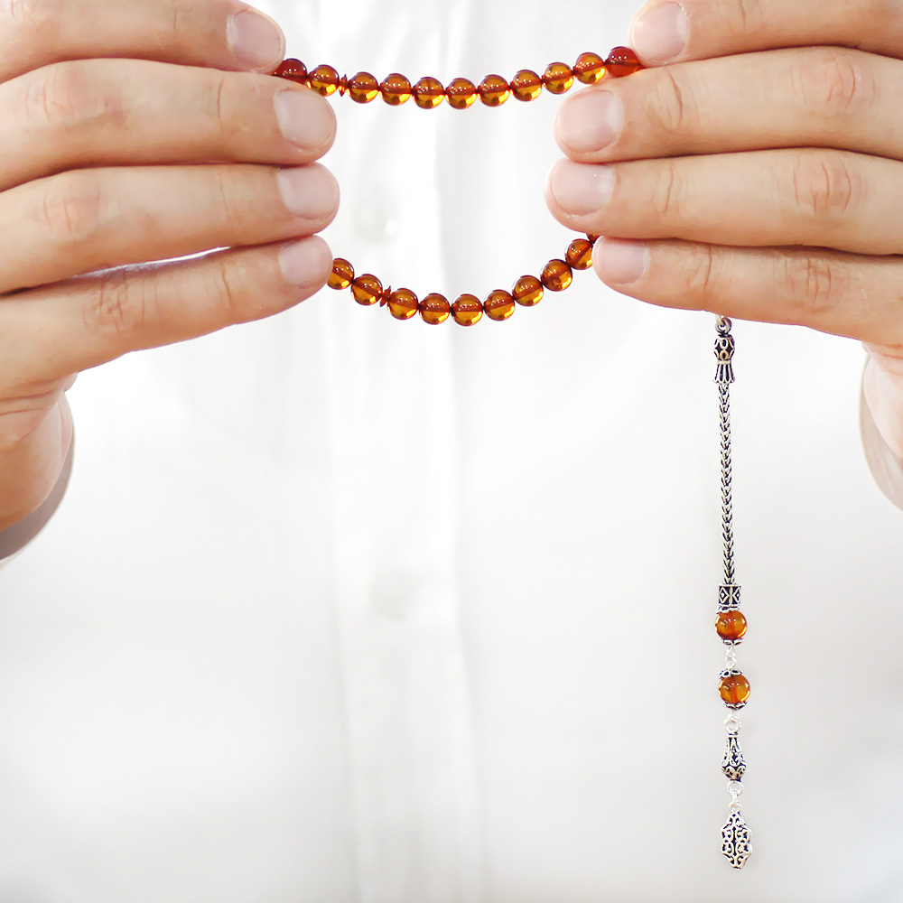 Damla Kehribar Tesbih - 925 Ayar Gümüş Püsküllü - Küre Kesim - Bal Rengi - 3