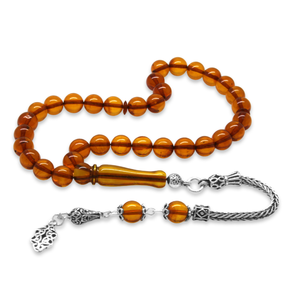 Damla Kehribar Tesbih - 925 Ayar Gümüş Püsküllü - Küre Kesim - Bal Rengi - 4