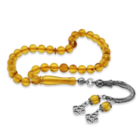 Damla Kehribar Tesbih - 925 Ayar Gümüş Püsküllü - Küre Kesim - Sarı Renk - Tesbihane