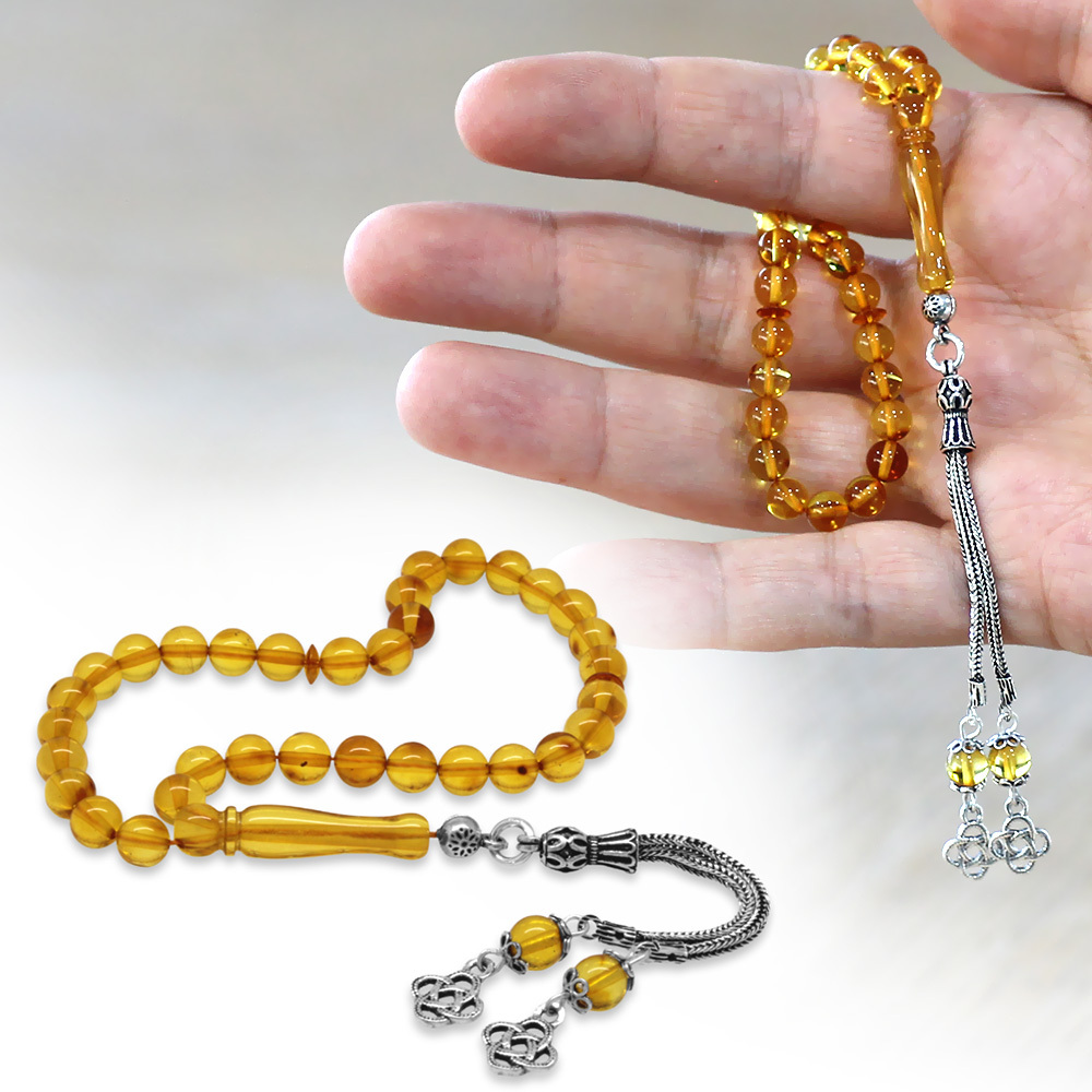 Damla Kehribar Tesbih - 925 Ayar Gümüş Püsküllü - Küre Kesim - Sarı Renk - 1