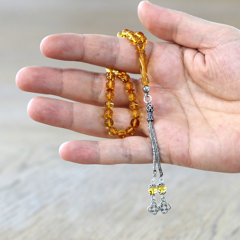 Damla Kehribar Tesbih - 925 Ayar Gümüş Püsküllü - Küre Kesim - Sarı Renk - 2