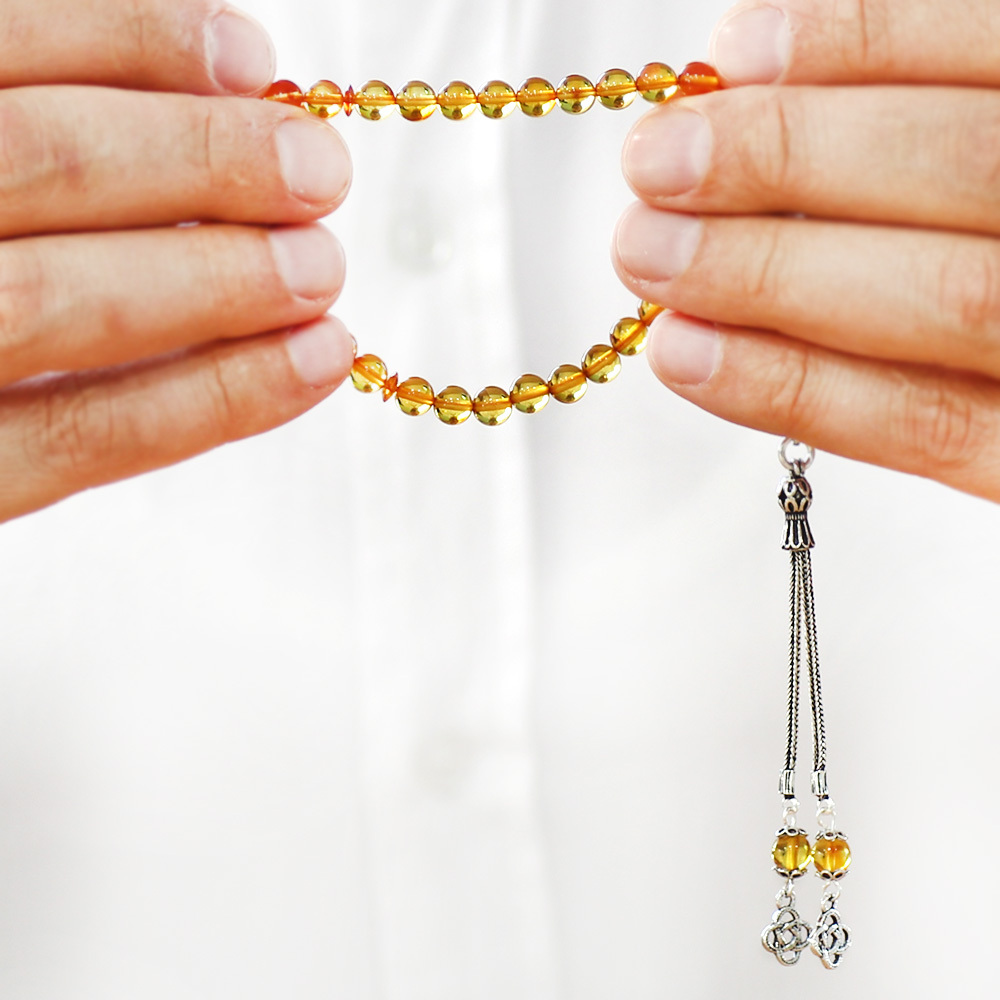 Damla Kehribar Tesbih - 925 Ayar Gümüş Püsküllü - Küre Kesim - Sarı Renk - 3