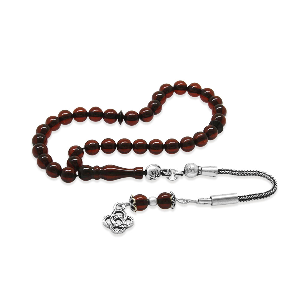 Damla Kehribar Tesbih - 925 Ayar Gümüş Püsküllü - Mini Boy - Koyu Kırmızı - Küre Kesim - 4