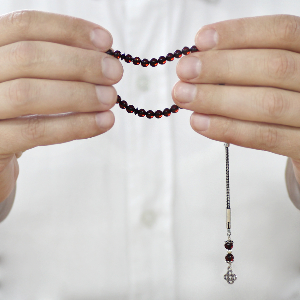 Damla Kehribar Tesbih - 925 Ayar Gümüş Püsküllü - Mini Boy - Koyu Kırmızı - Küre Kesim - 3