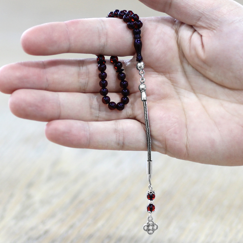 Damla Kehribar Tesbih - 925 Ayar Gümüş Püsküllü - Mini Boy - Koyu Kırmızı - Küre Kesim - 2