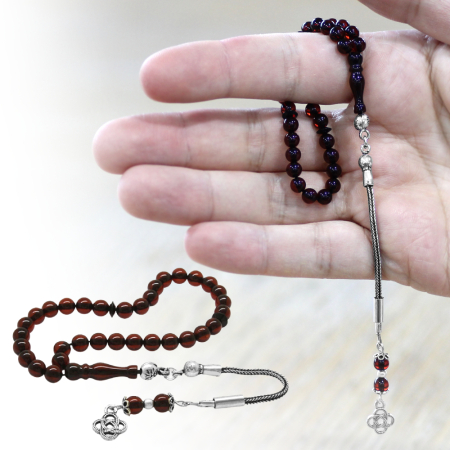 Damla Kehribar Tesbih - 925 Ayar Gümüş Püsküllü - Mini Boy - Koyu Kırmızı - Küre Kesim - Tesbihane