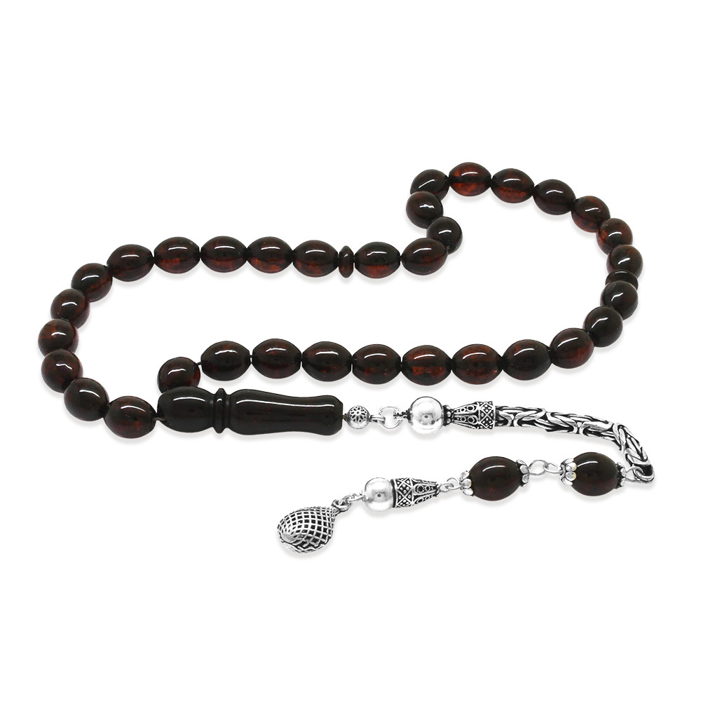 Damla Kehribar Tesbih - 925 Ayar Kral Zincir Püsküllü - Koyu Kırmızı Renk - Arpa Kesim - 4