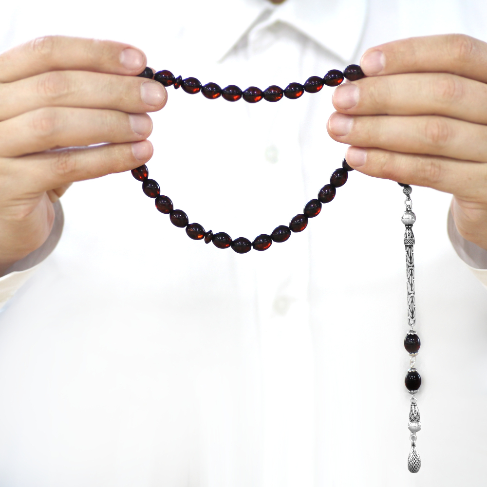 Damla Kehribar Tesbih - 925 Ayar Kral Zincir Püsküllü - Koyu Kırmızı Renk - Arpa Kesim - 3